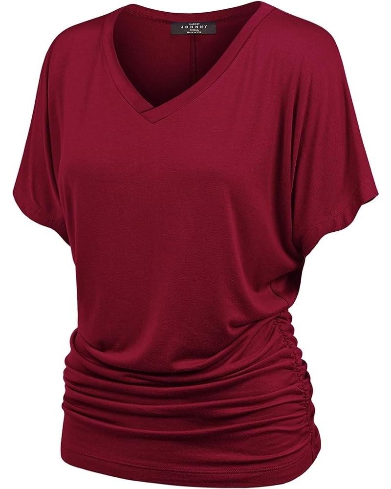 Women's Solid Short Sleeve Boat Neck V Neck Dolman Top with Side Shirring-Made in U.S.A. Wt1037_wine $10.97 T-Shirts