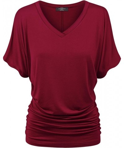 Women's Solid Short Sleeve Boat Neck V Neck Dolman Top with Side Shirring-Made in U.S.A. Wt1037_wine $10.97 T-Shirts