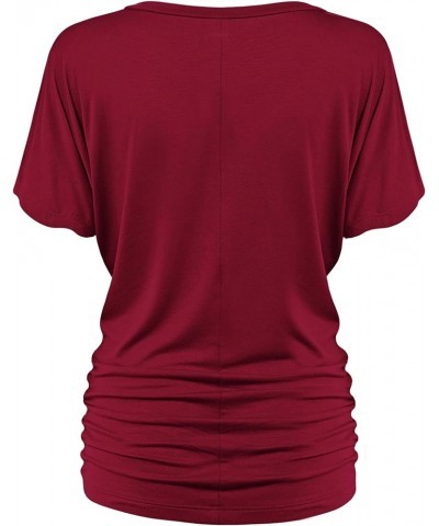 Women's Solid Short Sleeve Boat Neck V Neck Dolman Top with Side Shirring-Made in U.S.A. Wt1037_wine $10.97 T-Shirts