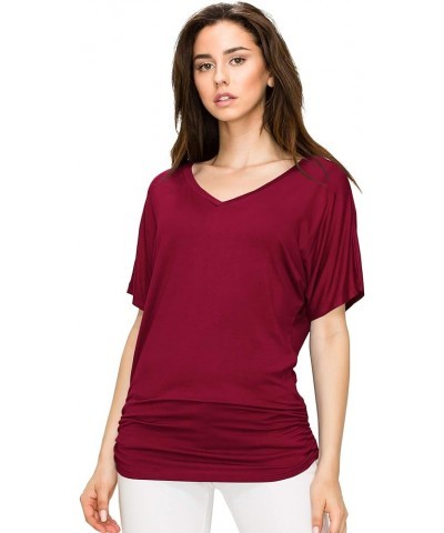 Women's Solid Short Sleeve Boat Neck V Neck Dolman Top with Side Shirring-Made in U.S.A. Wt1037_wine $10.97 T-Shirts