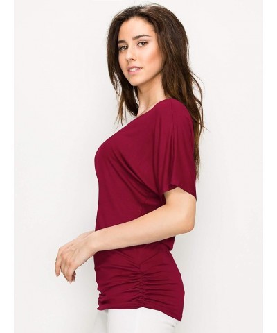 Women's Solid Short Sleeve Boat Neck V Neck Dolman Top with Side Shirring-Made in U.S.A. Wt1037_wine $10.97 T-Shirts