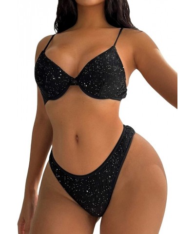 Women's 2 Piece Sets Glitter Heart Ring Linked Spaghetti Strap Knitted Ruched Triangle Bikini Swimsuit Black $13.20 Swimsuits