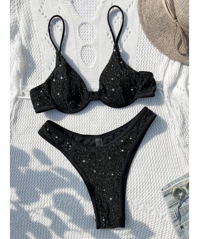 Women's 2 Piece Sets Glitter Heart Ring Linked Spaghetti Strap Knitted Ruched Triangle Bikini Swimsuit Black $13.20 Swimsuits