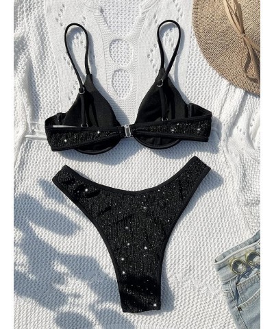 Women's 2 Piece Sets Glitter Heart Ring Linked Spaghetti Strap Knitted Ruched Triangle Bikini Swimsuit Black $13.20 Swimsuits