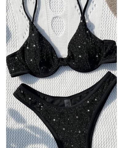 Women's 2 Piece Sets Glitter Heart Ring Linked Spaghetti Strap Knitted Ruched Triangle Bikini Swimsuit Black $13.20 Swimsuits