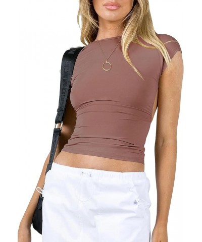 Womens Backless Top Short Sleeve Shirts Summer Tops Y2k Crop Tops for Women Trendy Going Out Tops S01 Dark Pink $10.59 Tops