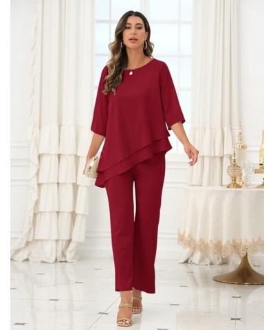 Women's Wedding Chiffon Pant Suit Elegant 2 Piece Set Mother of Bride Wear 1-red $38.85 Suits