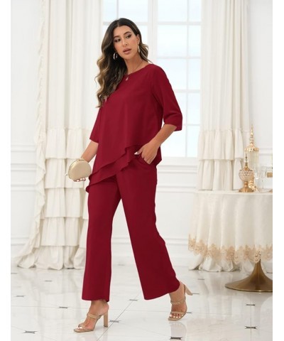 Women's Wedding Chiffon Pant Suit Elegant 2 Piece Set Mother of Bride Wear 1-red $38.85 Suits