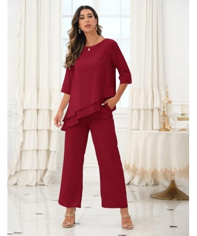 Women's Wedding Chiffon Pant Suit Elegant 2 Piece Set Mother of Bride Wear 1-red $38.85 Suits