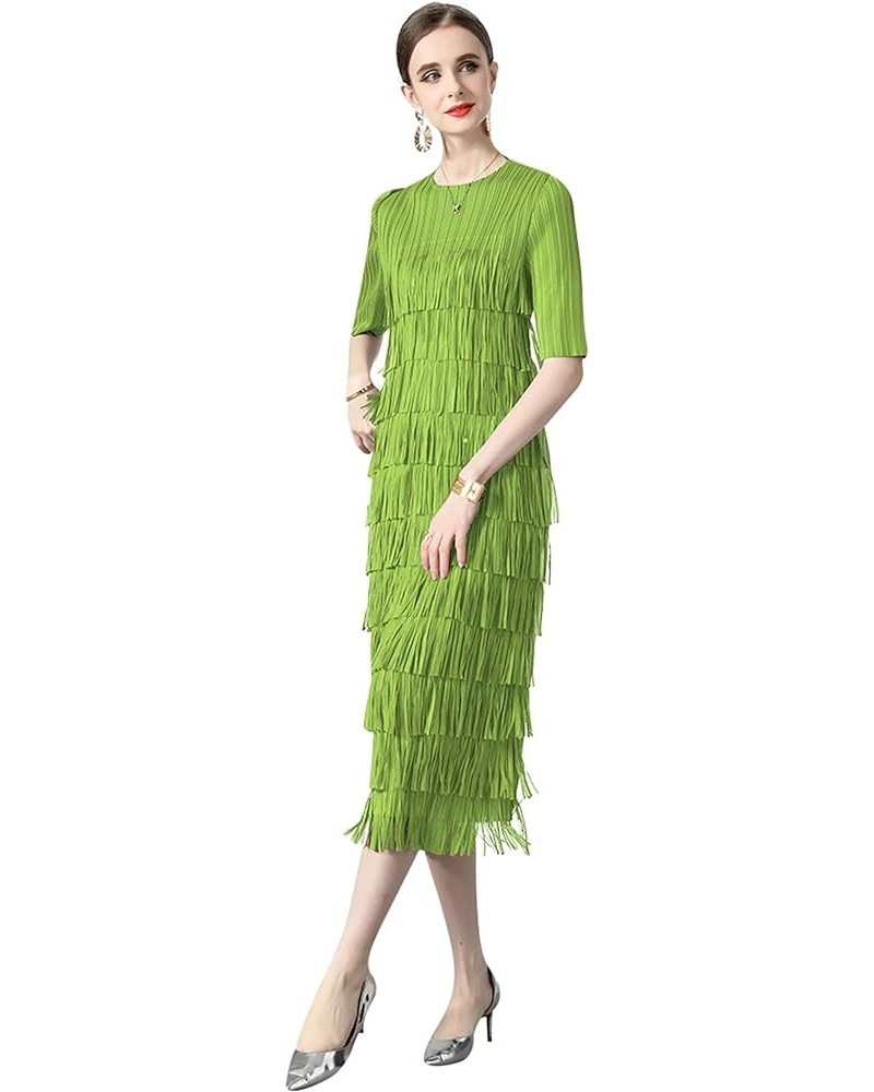 Women's 2024 Pleated Fringe Round Neck Stretchy Ruffle Party Tassel Midi Dress 25309 Light Green $22.35 Dresses