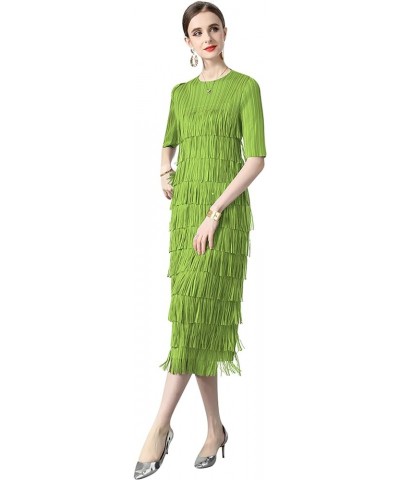 Women's 2024 Pleated Fringe Round Neck Stretchy Ruffle Party Tassel Midi Dress 25309 Light Green $22.35 Dresses