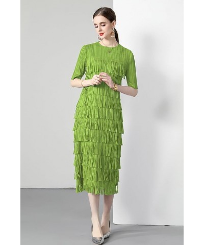 Women's 2024 Pleated Fringe Round Neck Stretchy Ruffle Party Tassel Midi Dress 25309 Light Green $22.35 Dresses