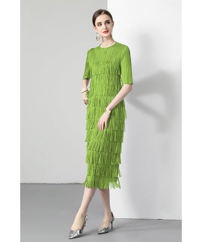 Women's 2024 Pleated Fringe Round Neck Stretchy Ruffle Party Tassel Midi Dress 25309 Light Green $22.35 Dresses