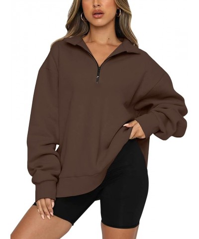 Womens 1/4 Zip Pullover Long Sleeve Sweatshirt Quarter Zip Hoodies Brown $13.60 Hoodies & Sweatshirts