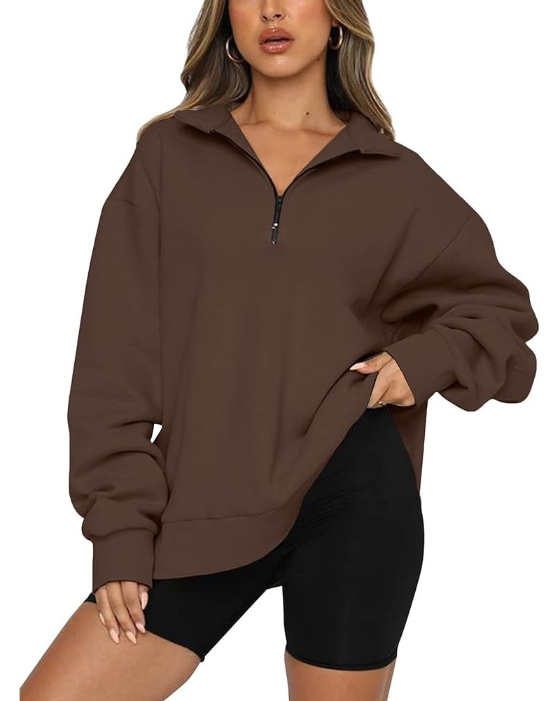 Womens 1/4 Zip Pullover Long Sleeve Sweatshirt Quarter Zip Hoodies Brown $13.60 Hoodies & Sweatshirts