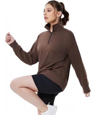 Womens 1/4 Zip Pullover Long Sleeve Sweatshirt Quarter Zip Hoodies Brown $13.60 Hoodies & Sweatshirts