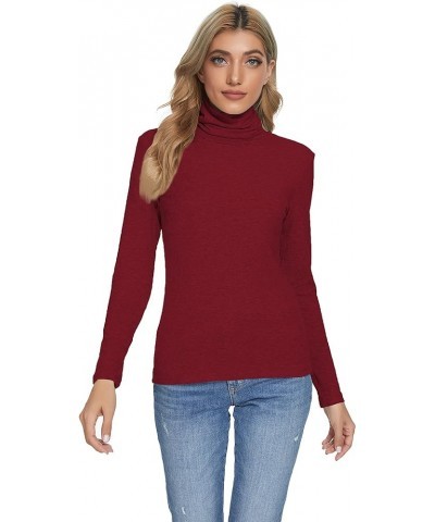 Womens Long Sleeve Turtleneck Lightweight Slim Active Shirt Wine Red $11.21 Underwear