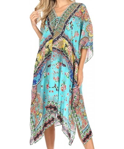 Kristy Long Tall Lightweight Caftan Dress/Cover Up with V-Neck Jewels Turquoise $21.15 Swimsuits