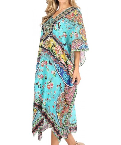 Kristy Long Tall Lightweight Caftan Dress/Cover Up with V-Neck Jewels Turquoise $21.15 Swimsuits