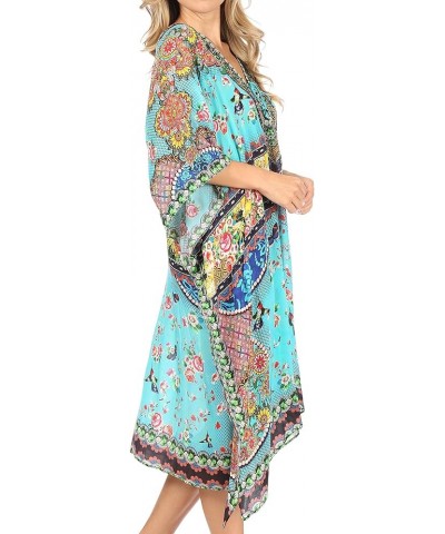 Kristy Long Tall Lightweight Caftan Dress/Cover Up with V-Neck Jewels Turquoise $21.15 Swimsuits