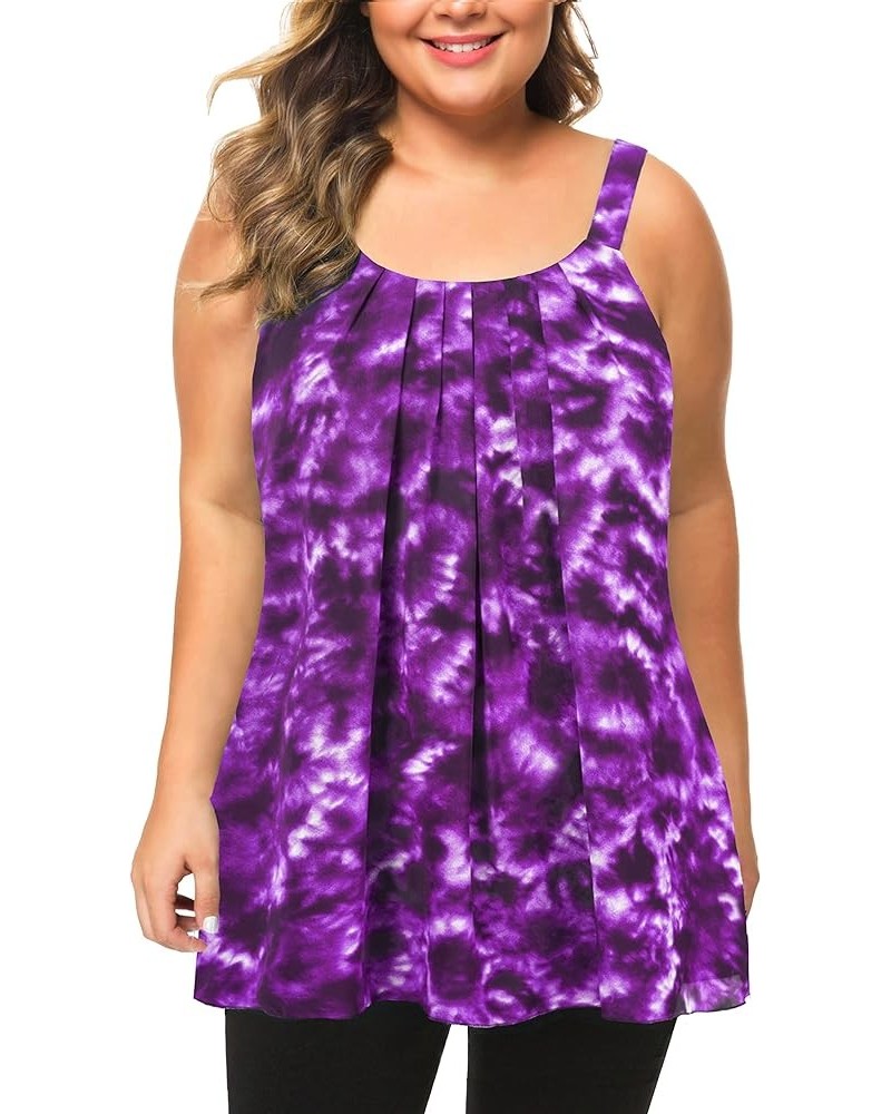 Women's Plus Size Cami Casual Pleated Chiffon Tank Top with Beaded Strap Tie Dye Purple $9.27 Tanks