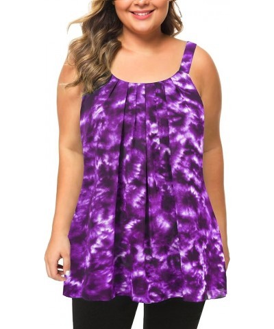 Women's Plus Size Cami Casual Pleated Chiffon Tank Top with Beaded Strap Tie Dye Purple $9.27 Tanks