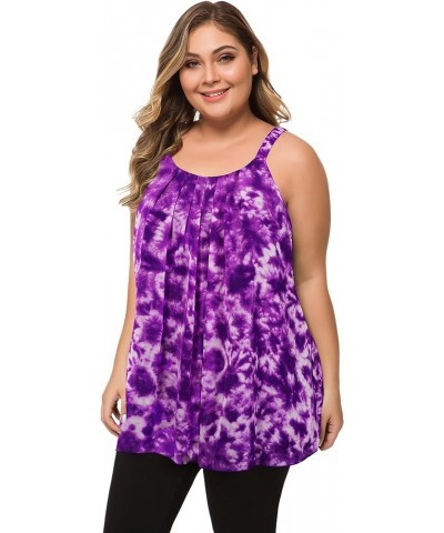 Women's Plus Size Cami Casual Pleated Chiffon Tank Top with Beaded Strap Tie Dye Purple $9.27 Tanks