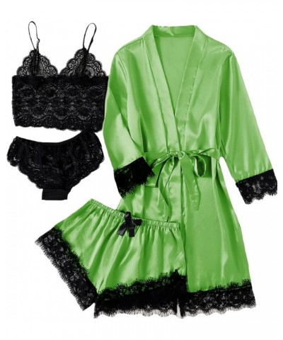 Women's 4pcs Sleepwear Satin Floral Lace Trim Cami Pajama Set with Robe Green $17.66 Sleep & Lounge