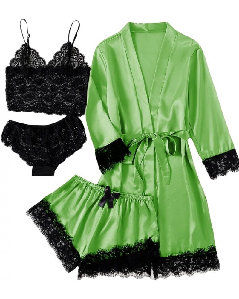 Women's 4pcs Sleepwear Satin Floral Lace Trim Cami Pajama Set with Robe Green $17.66 Sleep & Lounge