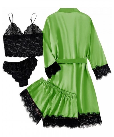 Women's 4pcs Sleepwear Satin Floral Lace Trim Cami Pajama Set with Robe Green $17.66 Sleep & Lounge