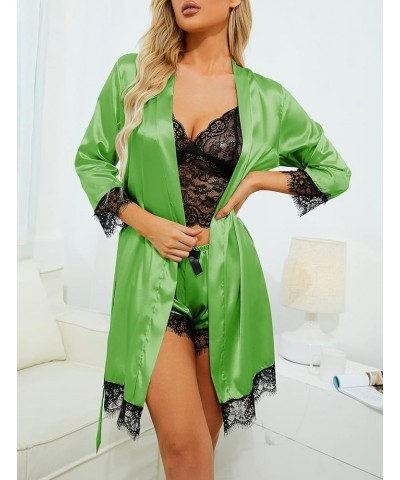 Women's 4pcs Sleepwear Satin Floral Lace Trim Cami Pajama Set with Robe Green $17.66 Sleep & Lounge