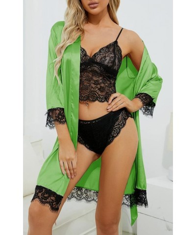 Women's 4pcs Sleepwear Satin Floral Lace Trim Cami Pajama Set with Robe Green $17.66 Sleep & Lounge