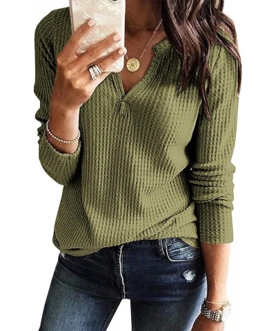 Women's Waffle Knit Long Sleeve Tunic Tops V Neck Henley Loose Blouses Shirts Army Green $13.24 Tops