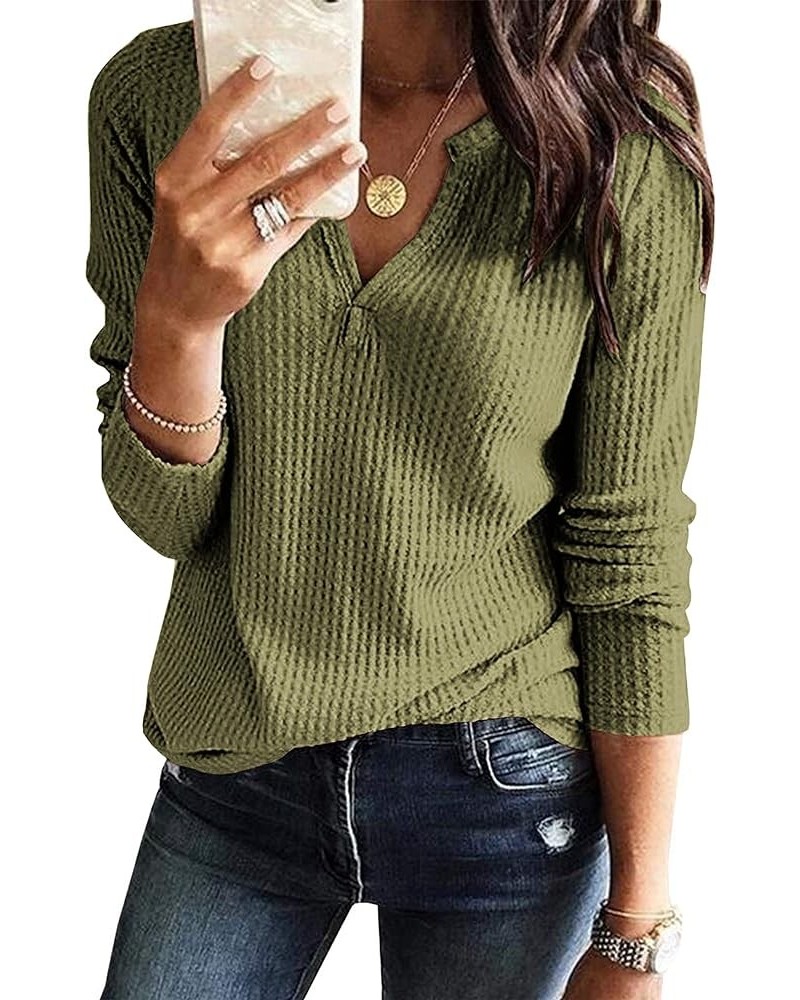 Women's Waffle Knit Long Sleeve Tunic Tops V Neck Henley Loose Blouses Shirts Army Green $13.24 Tops