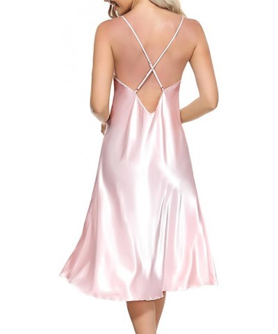 Women's Silk Nightgown Satin Slip Spaghetti Strap Chemises Dress Sleepwear Sexy V Neck Nightwear Sleepshirt Side Split-pink $...