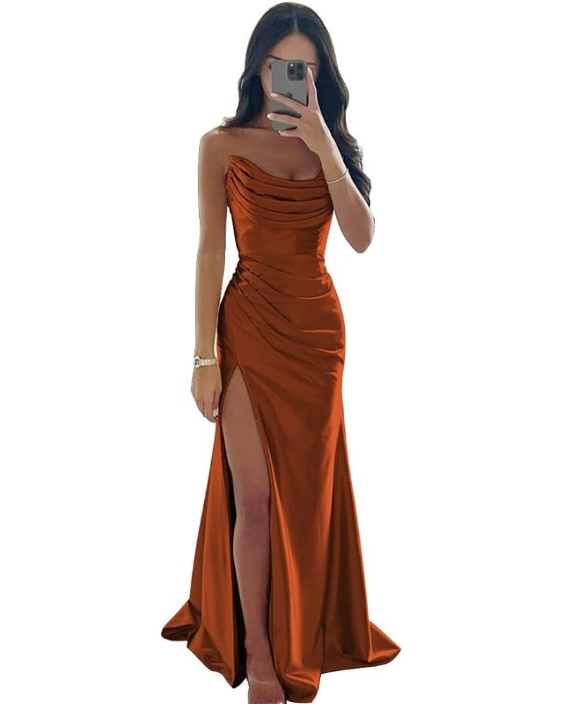 Strapless Satin Bridesmaid Dresses Long for Women Formal Pleated Mermaid Corset Prom Dress with Slit Rust $43.19 Dresses