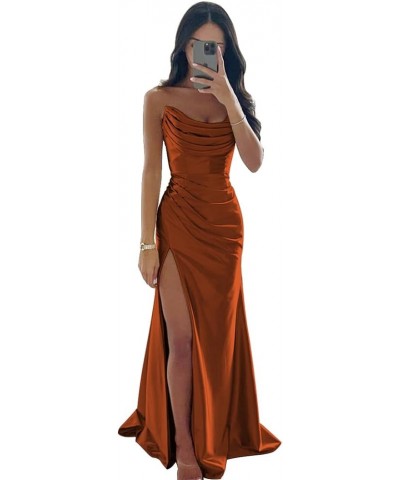 Strapless Satin Bridesmaid Dresses Long for Women Formal Pleated Mermaid Corset Prom Dress with Slit Rust $43.19 Dresses