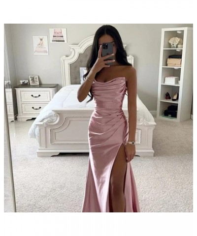 Strapless Satin Bridesmaid Dresses Long for Women Formal Pleated Mermaid Corset Prom Dress with Slit Rust $43.19 Dresses