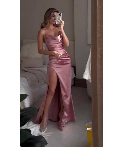 Strapless Satin Bridesmaid Dresses Long for Women Formal Pleated Mermaid Corset Prom Dress with Slit Rust $43.19 Dresses