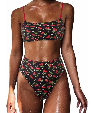 Women High Wasited Bikini Shoulder Strap 2 Piece High Cut String Swimsuits 33 Black Cherry $20.51 Swimsuits