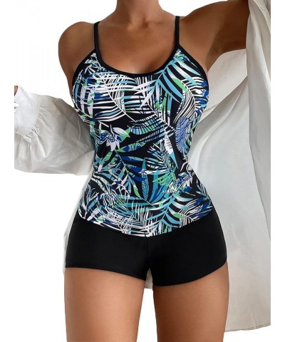 Women's 2 Piece Floral Print Cross Back Tankini Boy Shorts Swimsuit Black Plants $15.84 Swimsuits