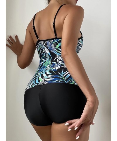 Women's 2 Piece Floral Print Cross Back Tankini Boy Shorts Swimsuit Black Plants $15.84 Swimsuits