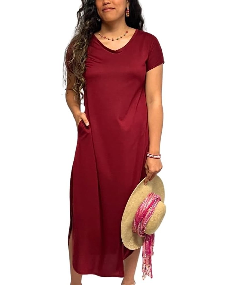 Women's Long T-Shirt Dress Midi Maxi Length Short Sleeves V Neck Split Sides Tunic Loose Flowy Style with Pockets Burgundy $1...