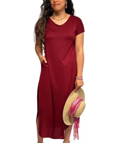 Women's Long T-Shirt Dress Midi Maxi Length Short Sleeves V Neck Split Sides Tunic Loose Flowy Style with Pockets Burgundy $1...