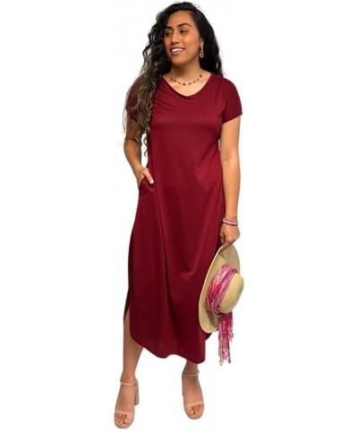 Women's Long T-Shirt Dress Midi Maxi Length Short Sleeves V Neck Split Sides Tunic Loose Flowy Style with Pockets Burgundy $1...