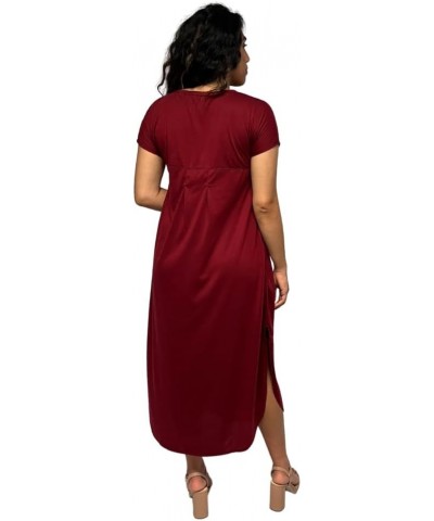 Women's Long T-Shirt Dress Midi Maxi Length Short Sleeves V Neck Split Sides Tunic Loose Flowy Style with Pockets Burgundy $1...