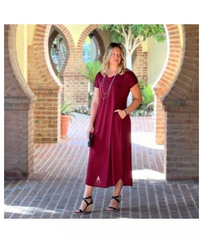 Women's Long T-Shirt Dress Midi Maxi Length Short Sleeves V Neck Split Sides Tunic Loose Flowy Style with Pockets Burgundy $1...