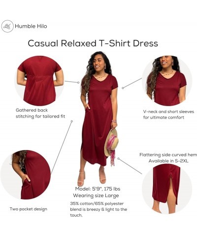 Women's Long T-Shirt Dress Midi Maxi Length Short Sleeves V Neck Split Sides Tunic Loose Flowy Style with Pockets Burgundy $1...