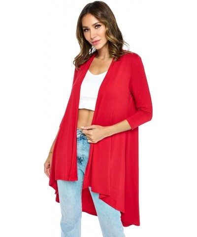 Women's 3/4 Sleeve Soft Open Front Casual Flowy Long Viscose Made from Bamboo Cardigan Red $15.84 Sweaters