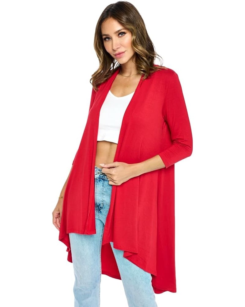 Women's 3/4 Sleeve Soft Open Front Casual Flowy Long Viscose Made from Bamboo Cardigan Red $15.84 Sweaters